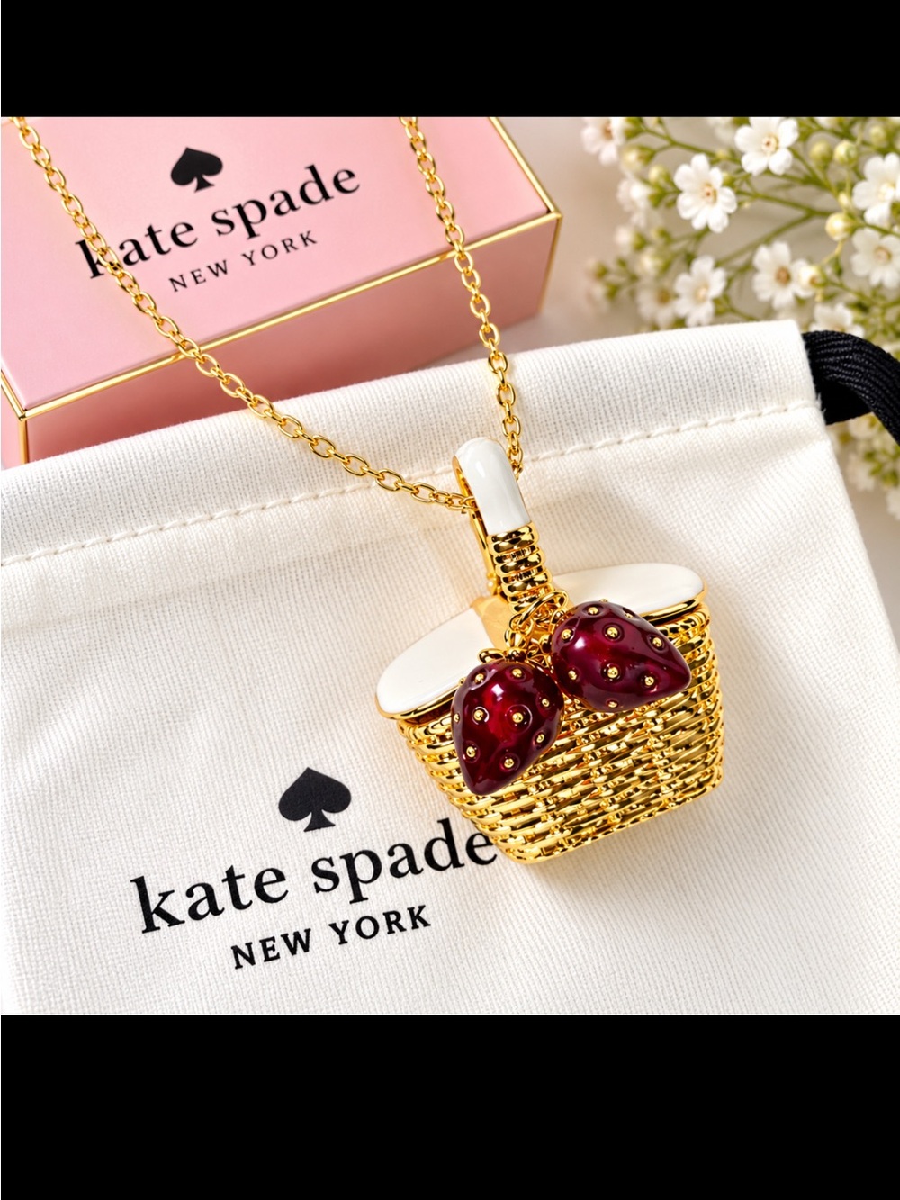 kate spade gold-tone picnic basket necklace with red enamel strawberries